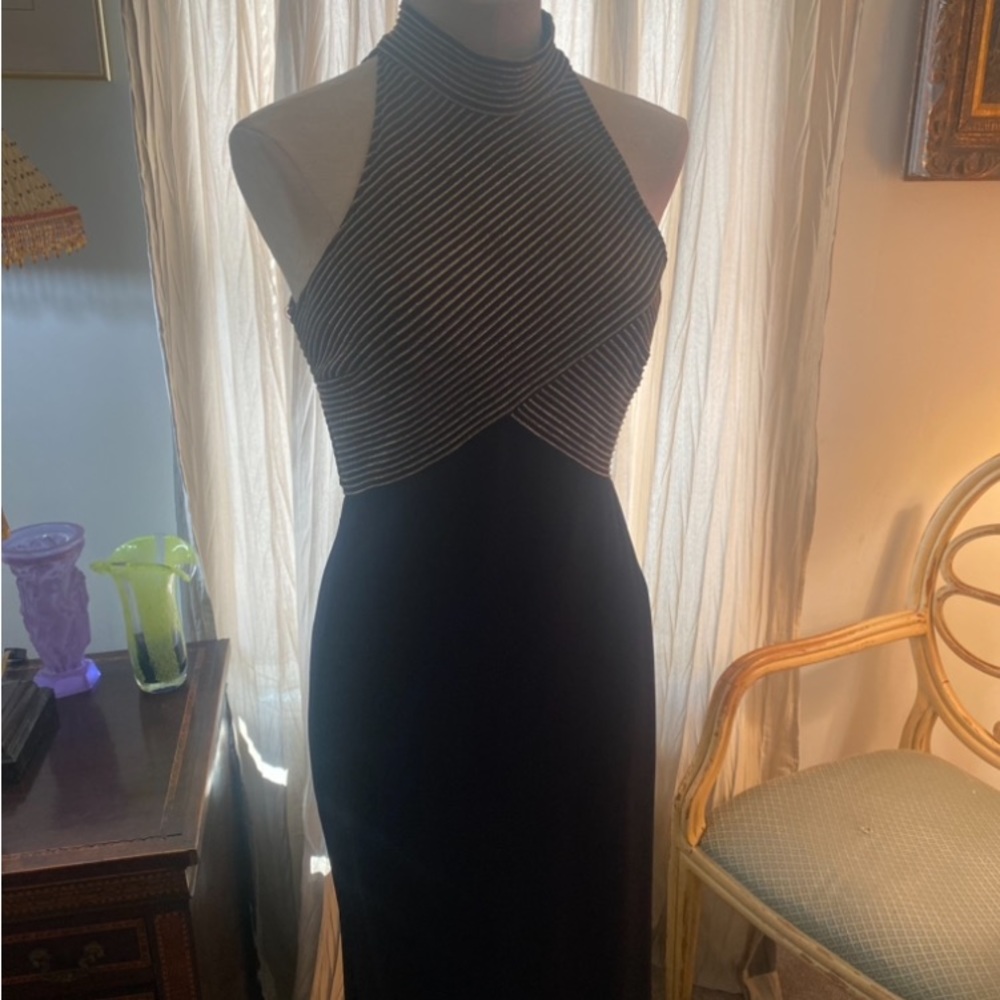 Susan Roselli black floor length gown/long dress silver striped sleeveless